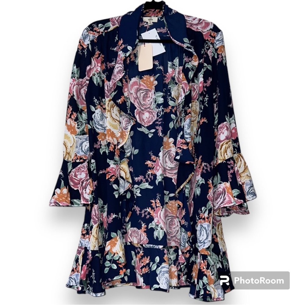 ENTRO womens size XL kimono blue floral workwear swimwear cover up bell sleeves